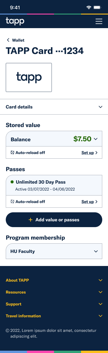 Mobile mockup of TAPP travel card detail page