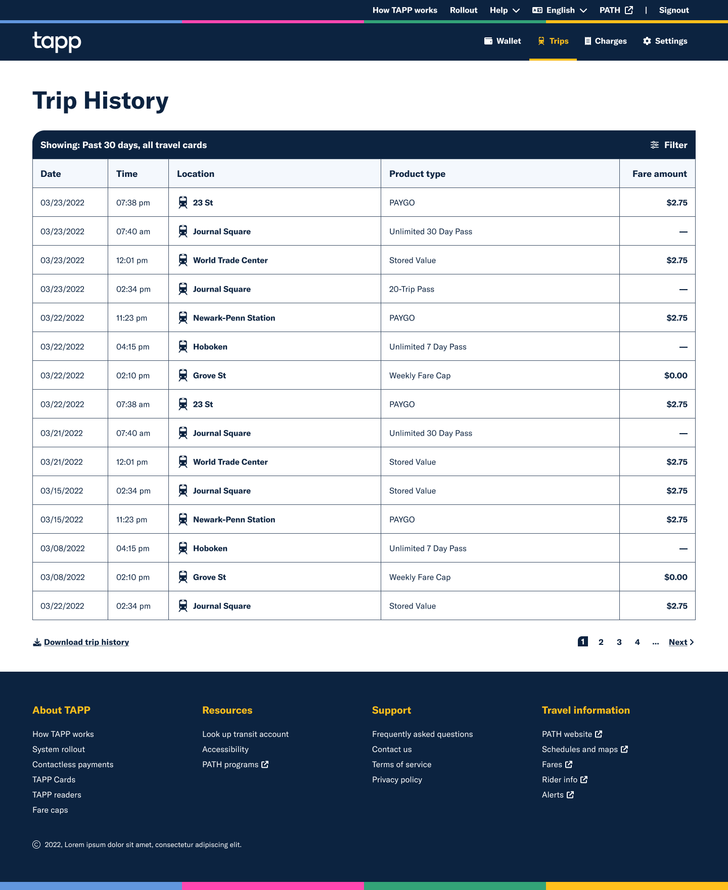 Mockup of a sample trip history page of a TAPP customer account