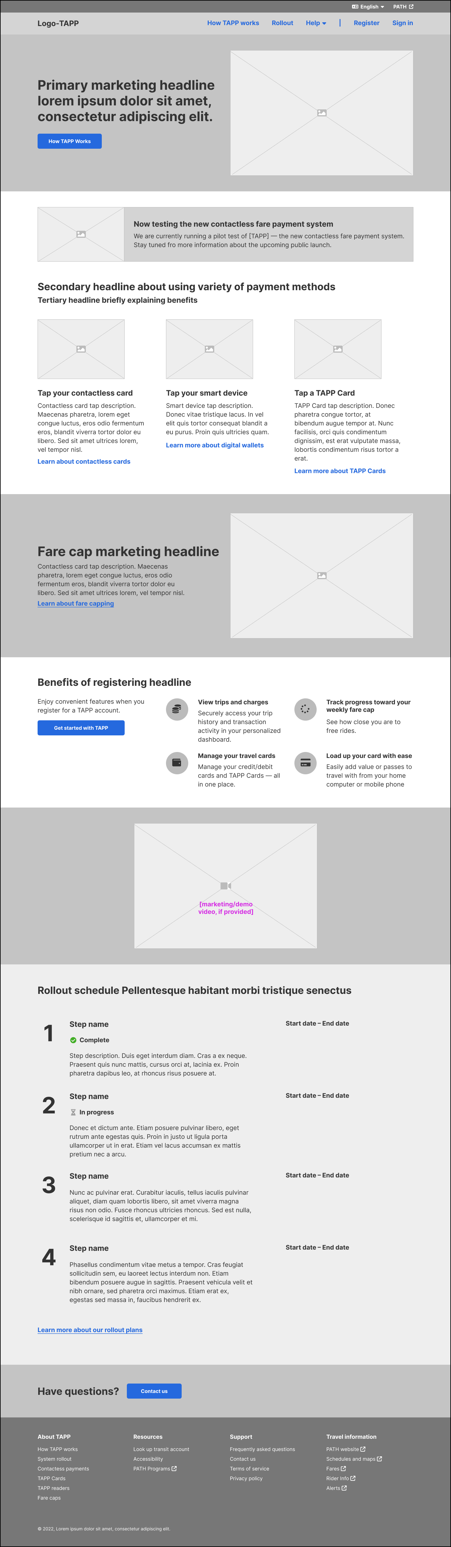 Wireframe of the TAPP homepage at desktop breakpoint