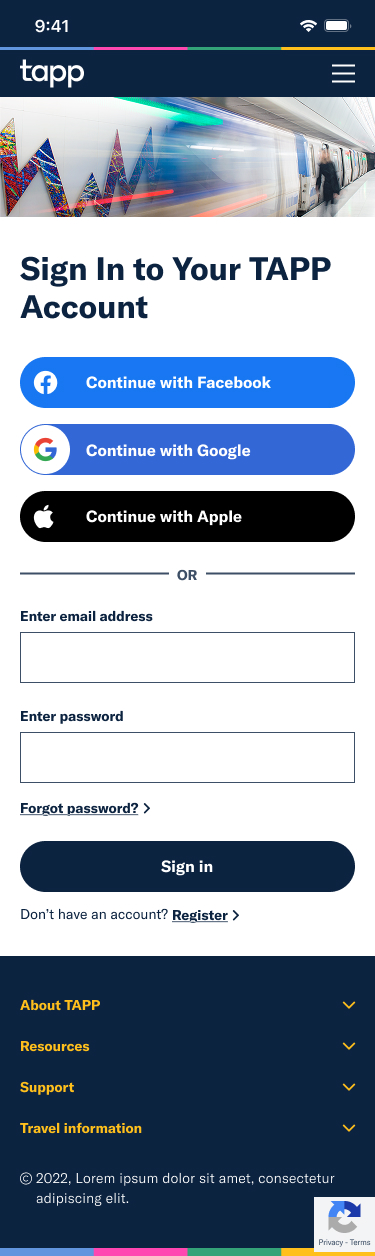 Mobile mockup of the TAPP sign in page