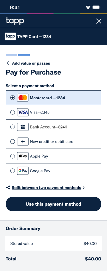 Mobile mockup of the TAPP Pay for Purchase screen showing selection of saved payment methods