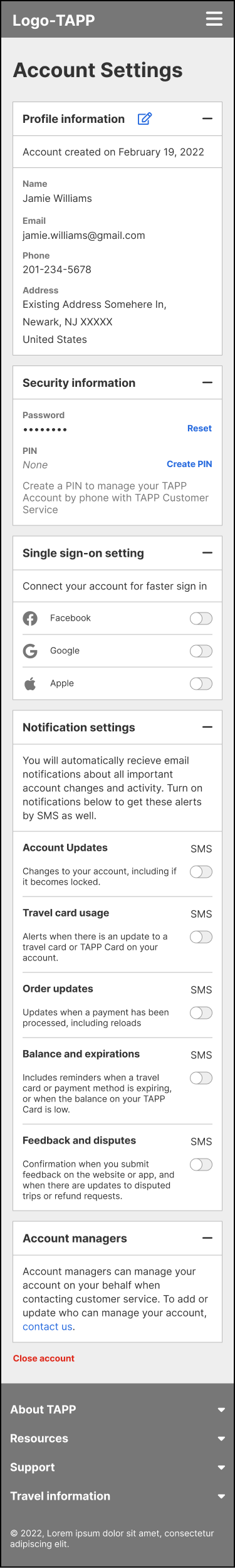 Mobile wireframe of the TAPP customer account settings page