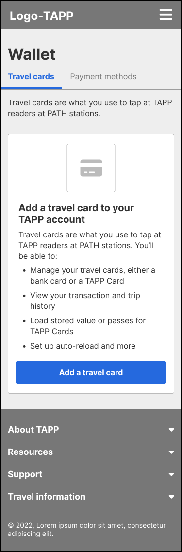Mobile wireframe of the TAPP wallet page in zero state, with no sample travel cards linked