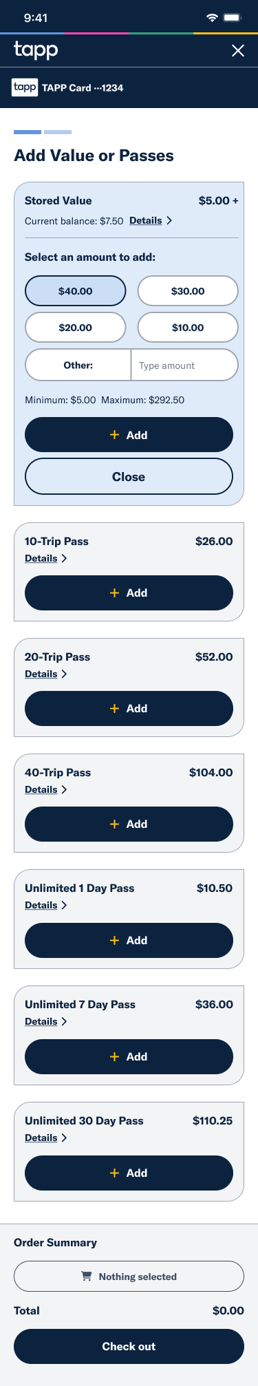Mobile mockup of the TAPP Add Value or Passes modal, showing preset value amounts to add as well as a list of passes