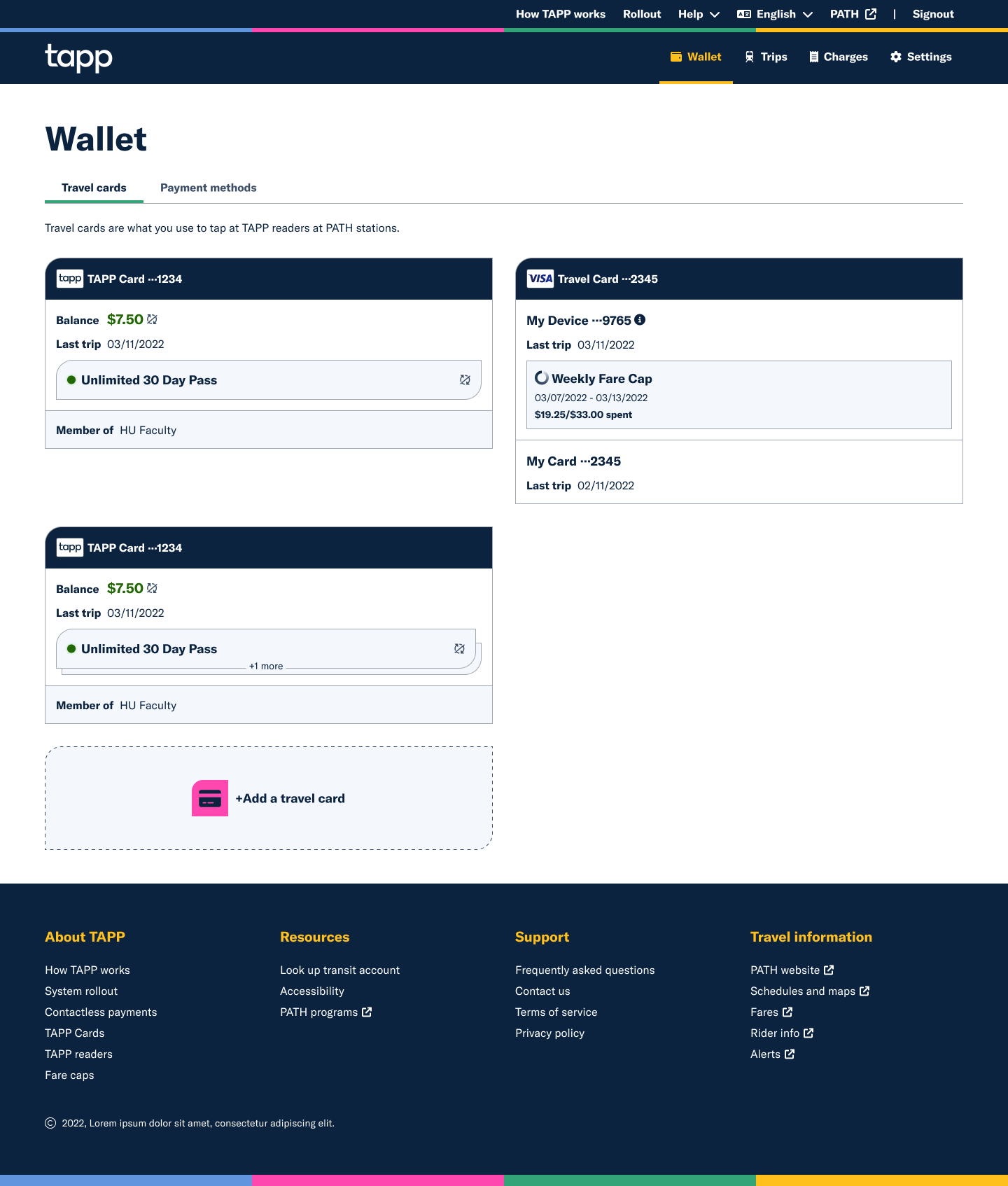 Mockup of a sample TAPP wallet page showing three different travel cards