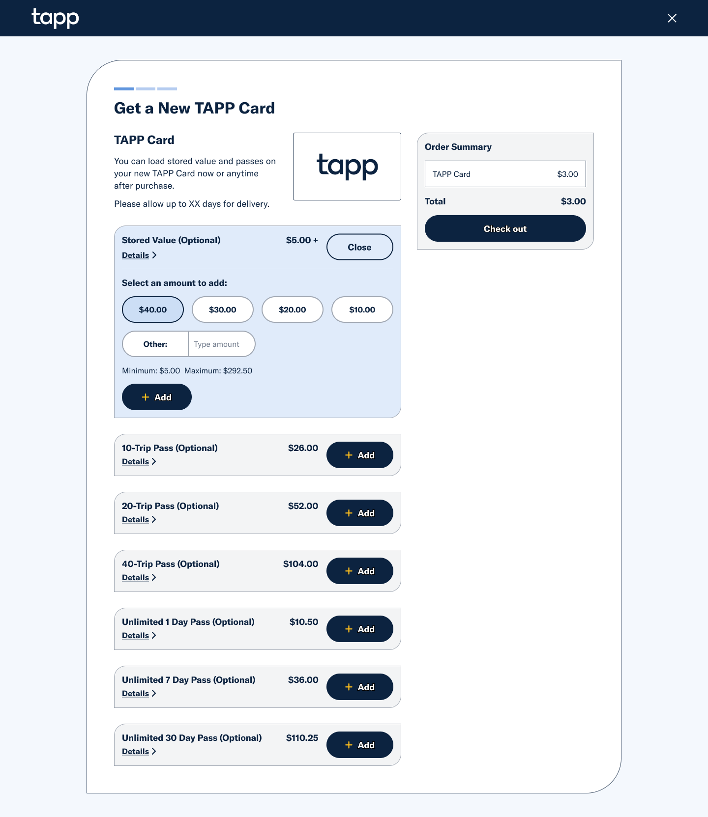 Mockup of the modal for purchasing a new TAPP card and preloading it with products