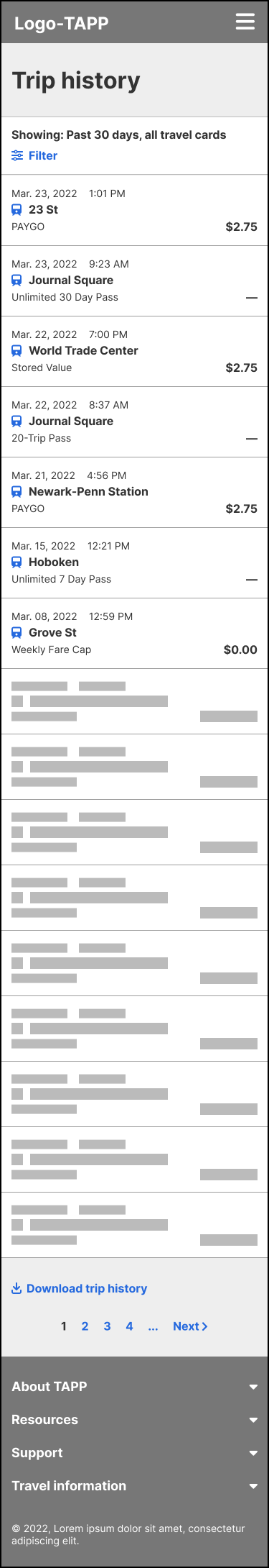 Mobile wireframe of the TAPP trip history page