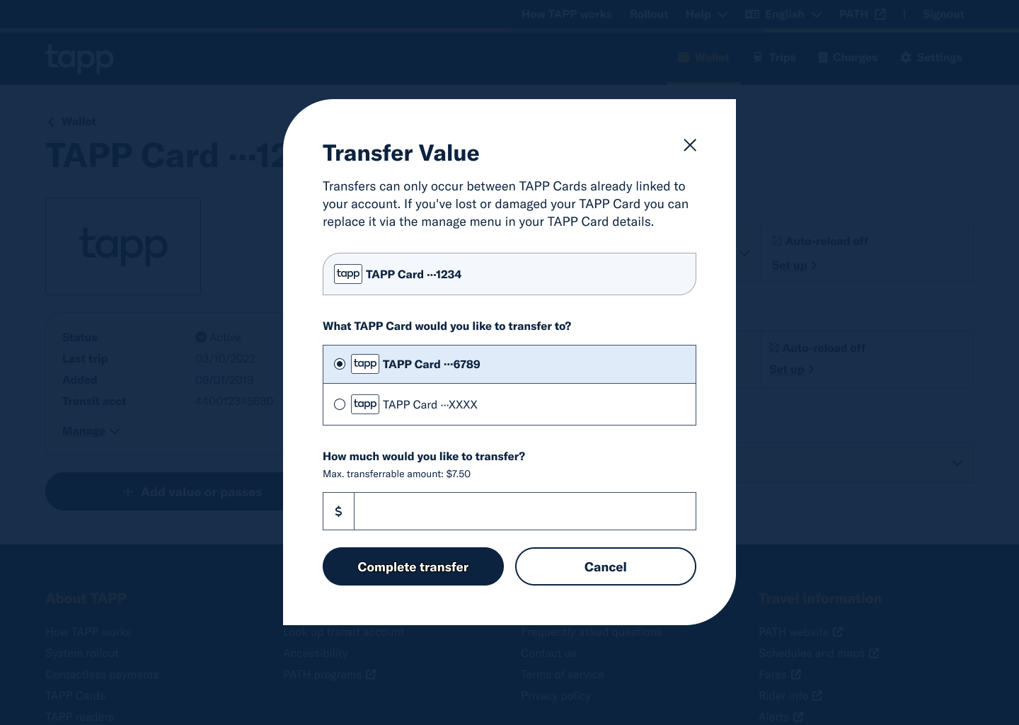 Mockup of a modal allowing transfer of value between TAPP cards