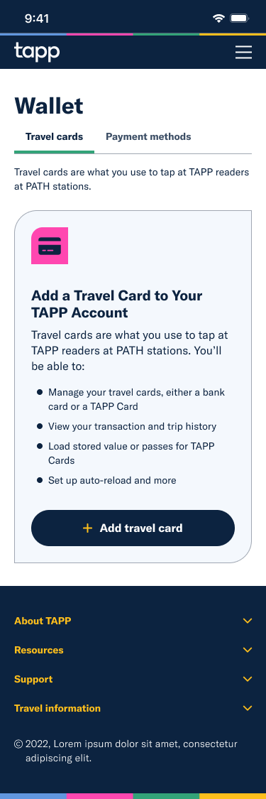 Mobile mockup of TAPP wallet page zero state, with no travel cards linked