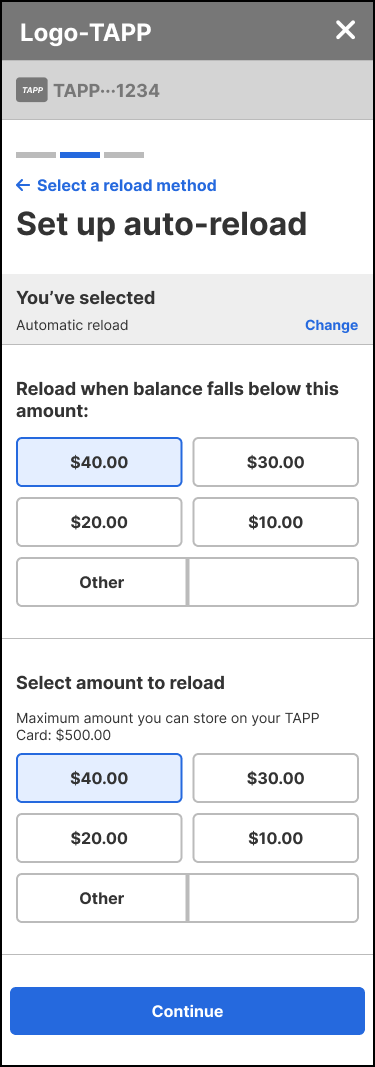 Mobile wireframe of the TAPP modal to set up auto-reload of value