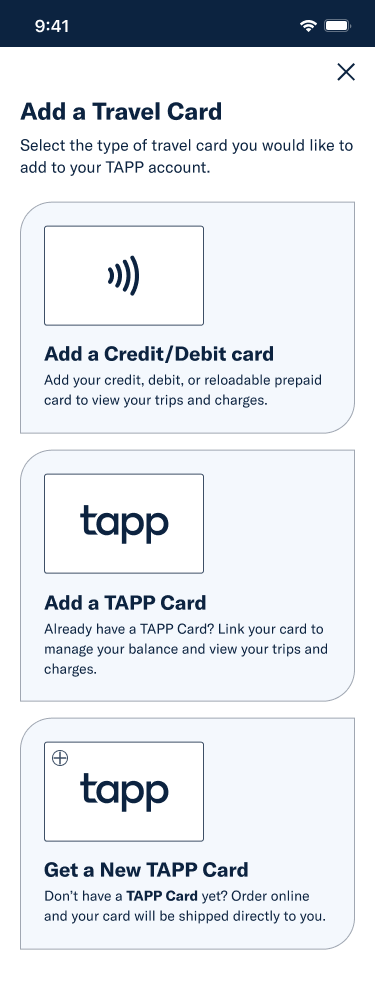 Mobile mockup of TAPP modal to link or purchase a travel card