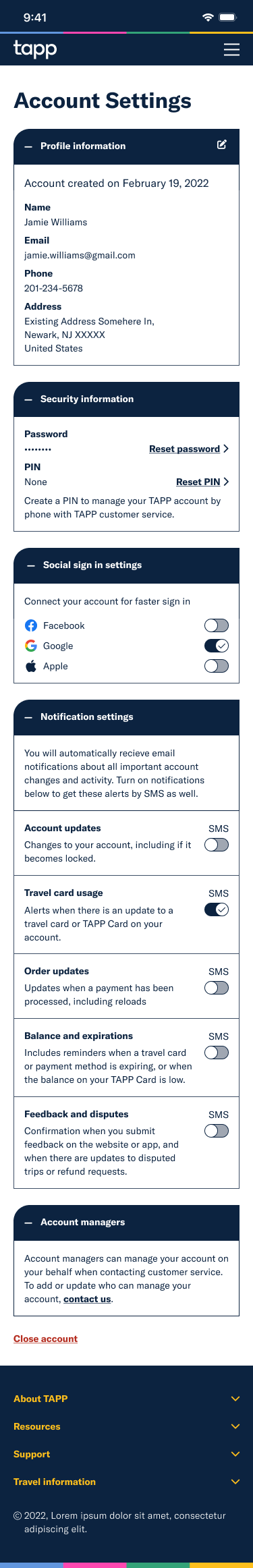 Mobile mockup of the TAPP customer account settings page