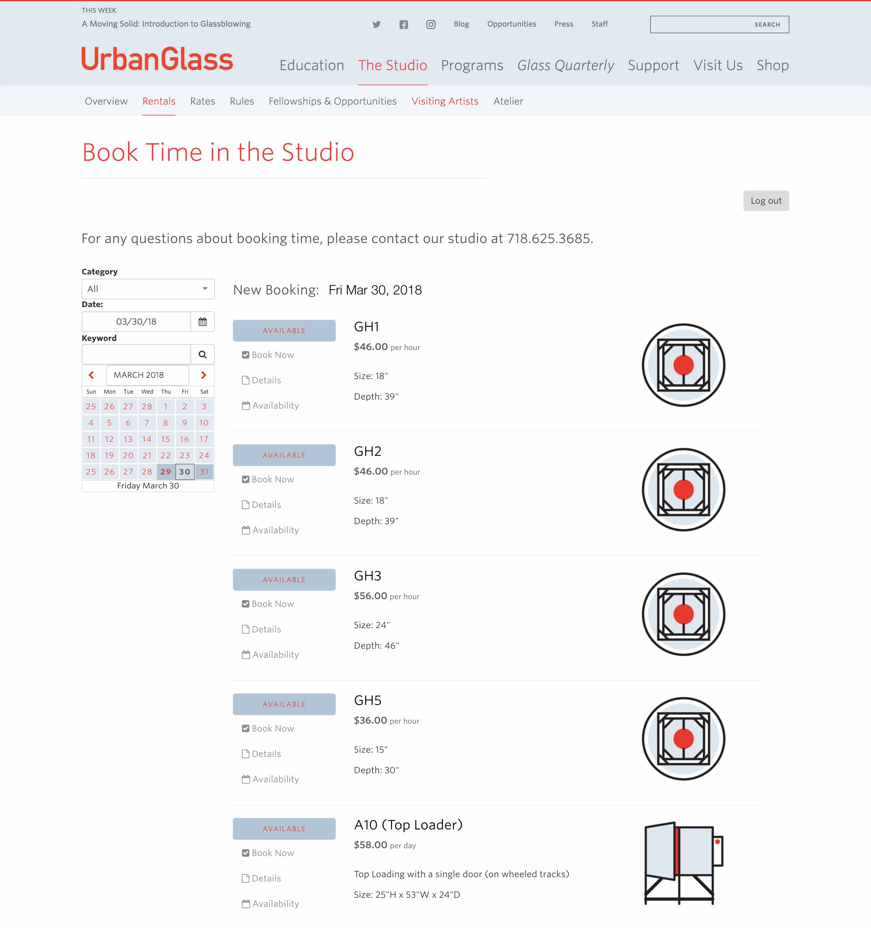 Desktop mockup of the Urban Glass studio and equipment rental page