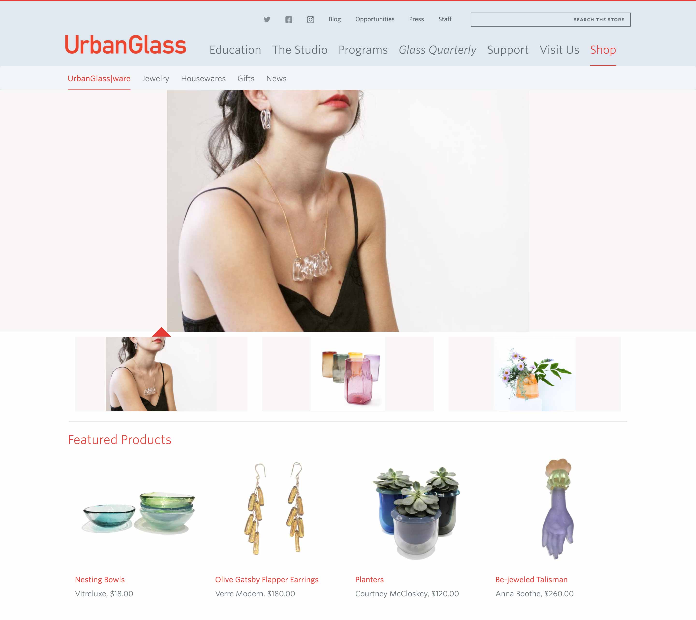 Desktop mockup of the top portion of the Urban Glass Shopify homepage