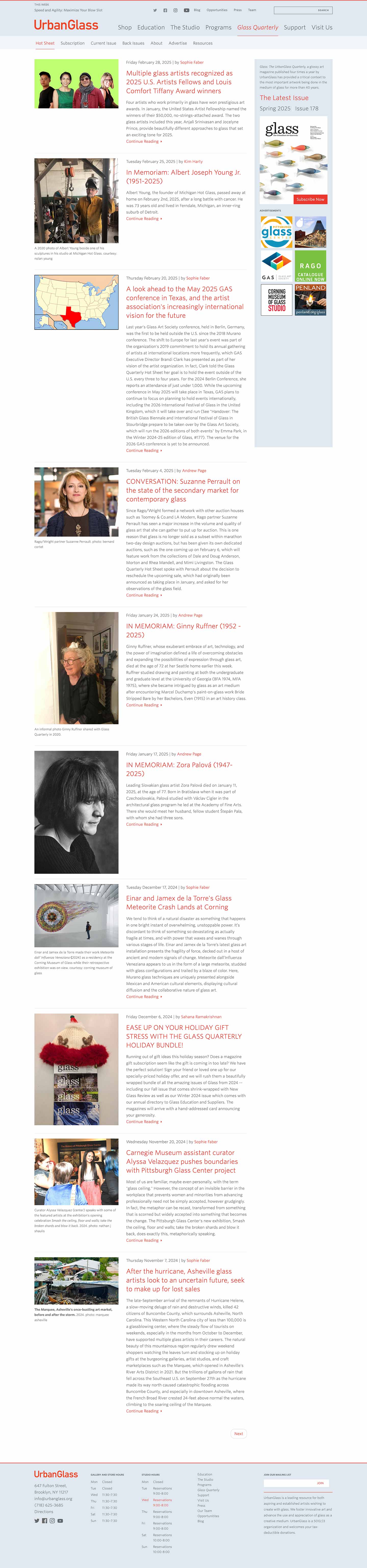 Desktop mockup of the Urban Glass / Glass Quarterly magazine Hot Sheet blog overview page