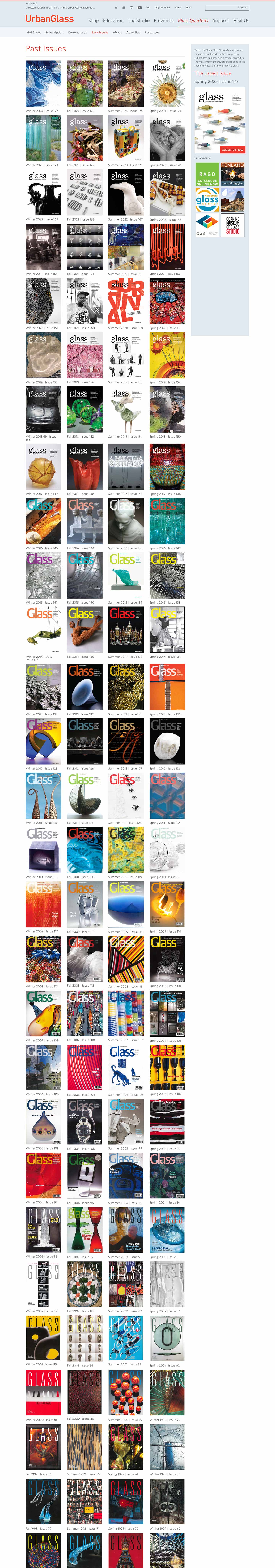 Desktop mockup of the Glass Quarterly magazine past issues overview page