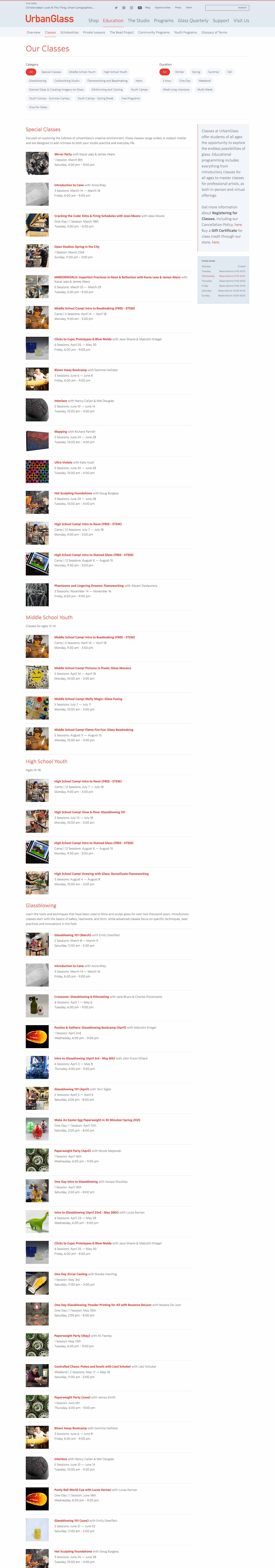 Desktop mockup of the Urban Glass class overview page