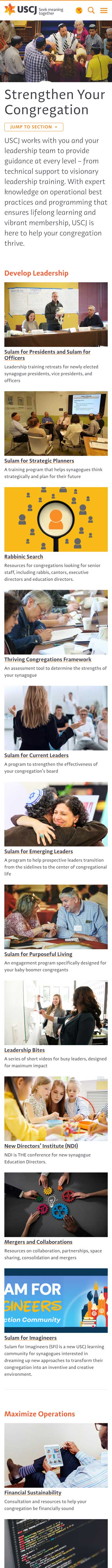 Mobile mockup of the USCJ Strengthen Your Congregation page