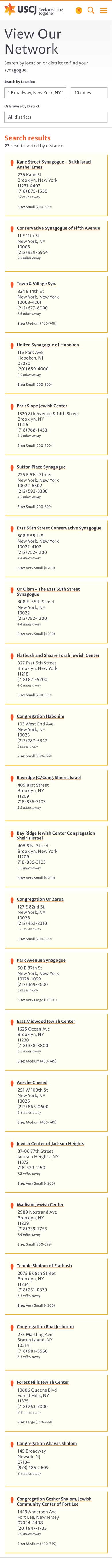 Mobile mockup of search results from the View Our Network page, listing congregation locations